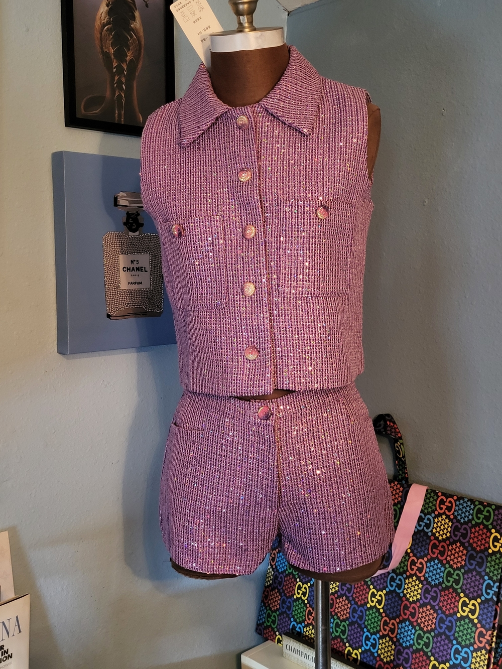 Nianlin Sleeveless Purple Sequin Tweed Shorts Set - Picture 3 of 17